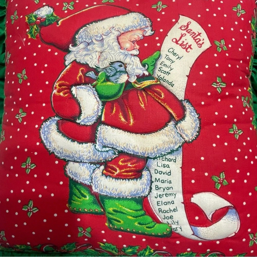 Festive Santa Claus Holiday Pillow with Green Ruffle. Vintage. Handmade. Used.
